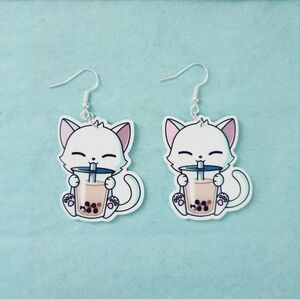 🔮3/$15 Cat Drinking Boba Flatback Earrings
